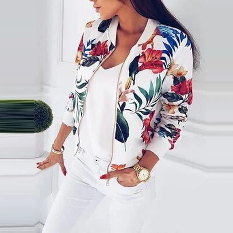 

Winter Autumn 2018 Women Office Lady Coat Loose Flowers Printed Thin O-Neck Casual Warm Zipper Female Outwear Clothes