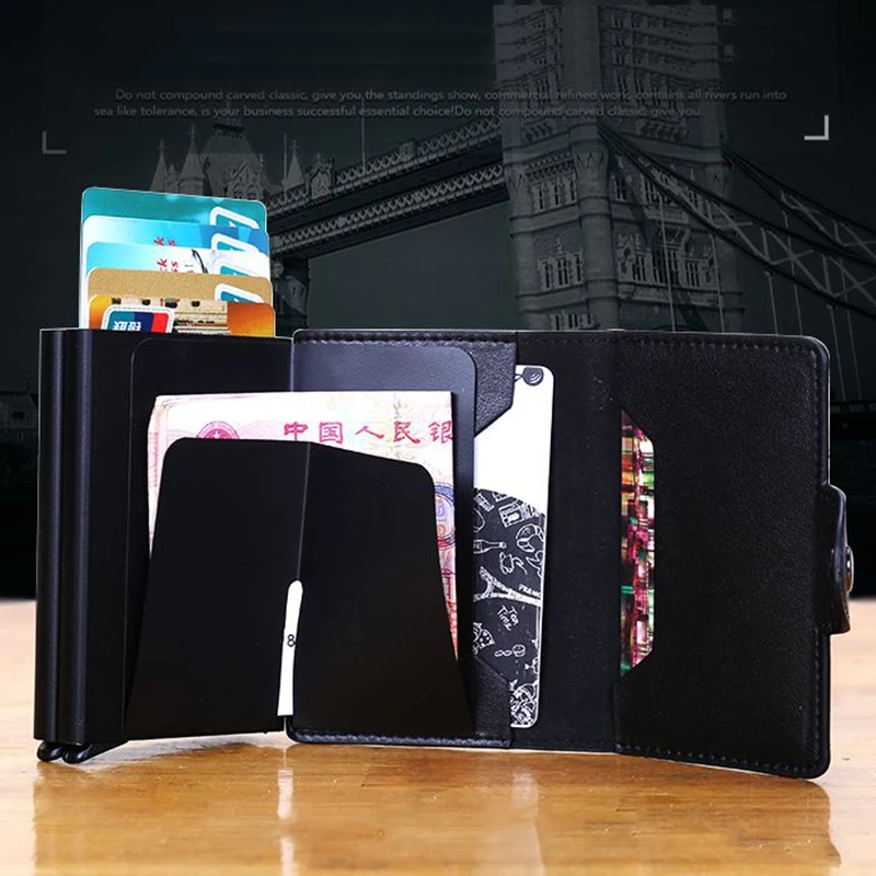

2017 Brand New Metal Men Credit Card Holders RFID Double Card Holder Fashion PU Leather Card Cases Pop Up Automatic Mini Wallet