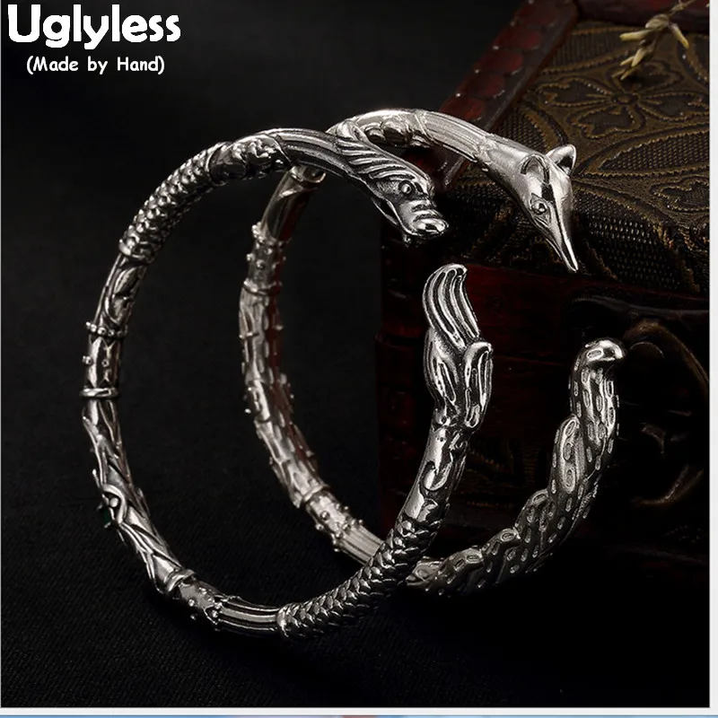

Uglyless Real S 925 Sterling Silver Animal Bangle Handmade Green Crystal Lovers Bangles Cool Dragon Men Jewelry Fox Women Bijoux
