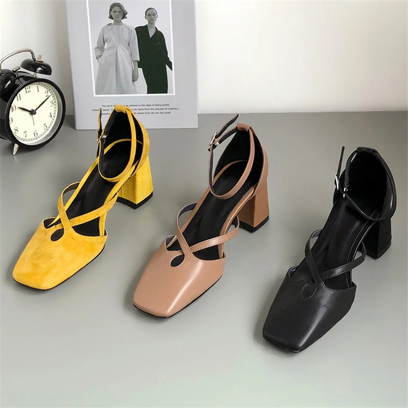 MSSTOR Cross-tied Summer Sandals 2019 Genuine Leather Elegant Casual Solid Buckle Strap Yellow Heels Square Toe Womens Sandals MSSTOR Cross-tied Summer Sandals 2019 Genuine Leather Elegant Casual Solid Buckle Strap Yellow Heels Square Toe Womens Sandals