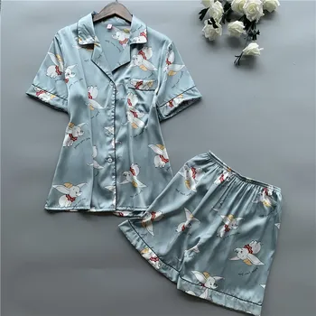 

summer print pajamas for women half silk home suit pajamas set home clothing sleepwear clothes and short