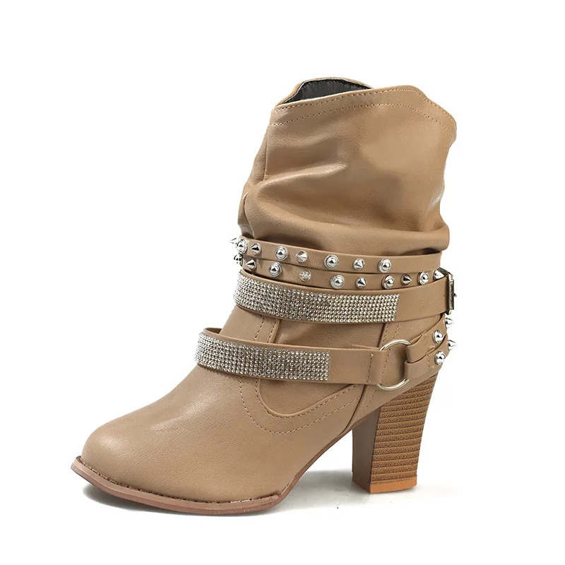 

2018 autumn and winter high-heeled new round head waterproof platform thick with rhinestone ladies boots gray 1116