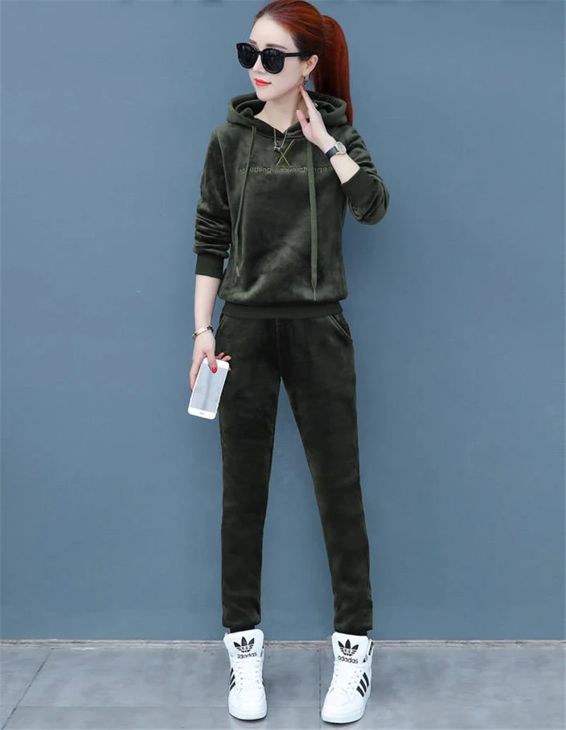 Matching Sets Autumn Plus Size Casual Loose Velvet Tracksuits 2 Pieces Set Women High Elastic Hooded Sweatshirts And Harem Pants