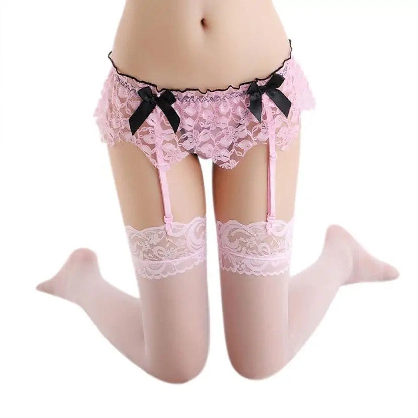 Сексуальный кружевной пояс с резинками для чулок, стринги, нижнее белье, сексуальное женское белье, кружевные оборки, полые бандажные колготки, Chausettes Femme#1211 - Цвет: Pink