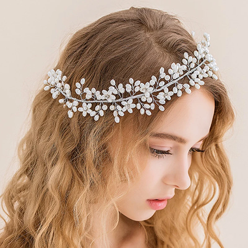White Pearl Bead Headdress Shiny Crystal Tiara Hair Band Wedding Crown
