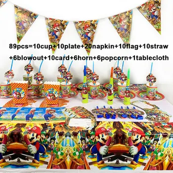

Super Mario party popcorn box napkins banner Mario Bros party supplies paper plate cups disposable tableware birthday set 89PCS