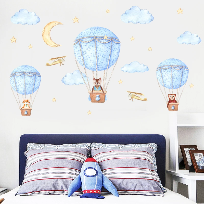 [Fundecor] DIY Cartoon Animal Hot Air Balloon Wall Sticker For Kids Rooms Children Baby Bedroom Wall Decals Self-adhesive Murals