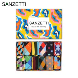 SANZETTI 12 пар/лот Подарочная коробка классический для мужчин чесаный хлопок Повседневное платье Свадебные носки в полоску с геометрическим