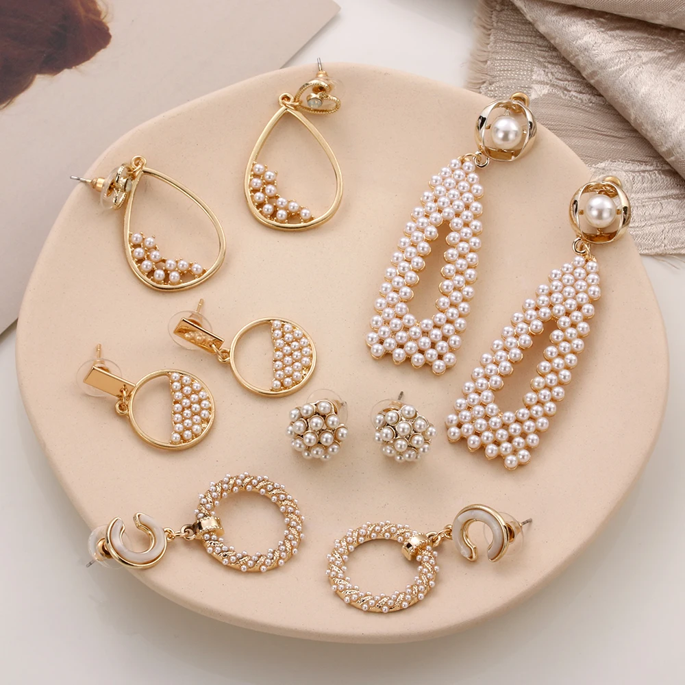 

2019 New Trendy Design Gold Metal Geometry Round Square Pearl Dangle Drop Earrings Jewelry for Women Girl Party Gift Bijoux