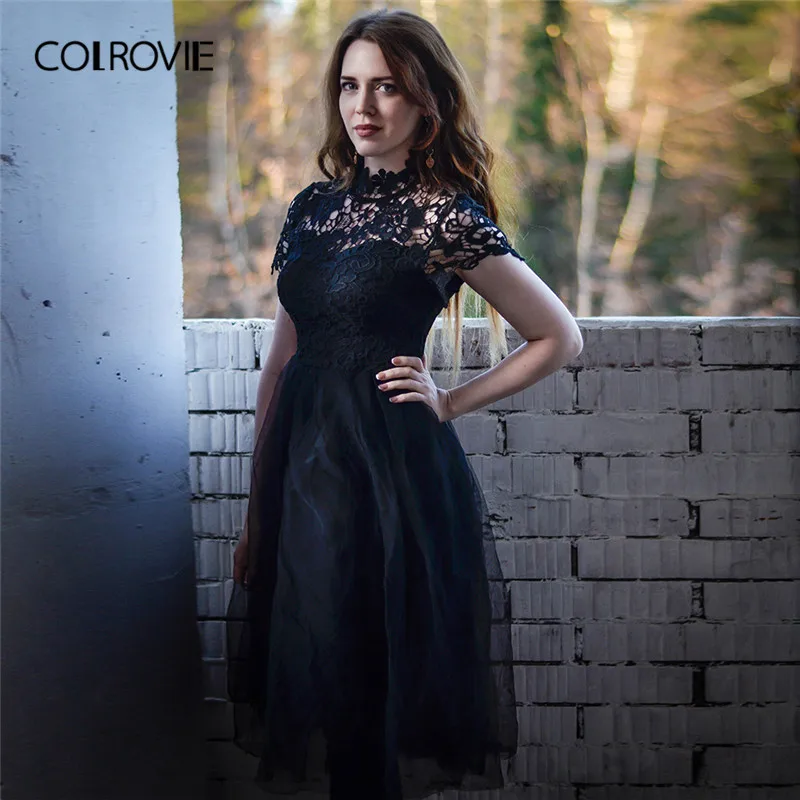 COLROVIE, черное одноцветное цветочное кружевное сексуальное платье с лифом, женское платье, осень, Длинные вечерние платья, винтажное ТРАПЕЦИЕВИДНОЕ элегантное платье