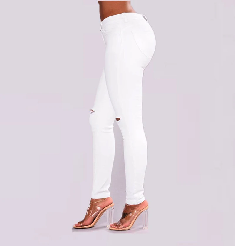 2018 белые рваные джинсы для Для женщин новые эластичные Синие рваные джинсы женские джинсовые штаны брюки для Для женщин Карандаш