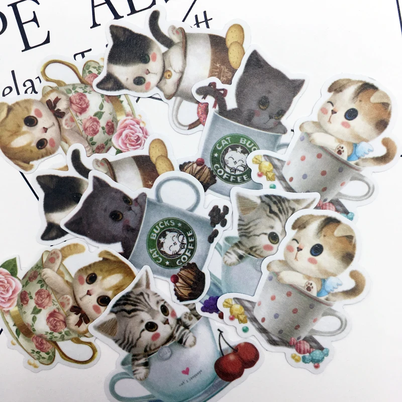 10pcs DIY Cute Cat in the Cup Washi Paper Sticker diary photo album sticker for Notebook | Канцтовары для офиса и дома
