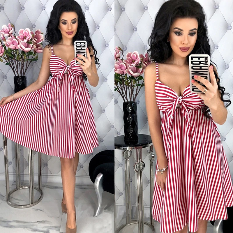 

Women Summer Sexy Striped Spaghetti Strap Dress Ladies Backless Bow Mini Dresses 2019 Casual Sundress Beach Women Short Dress