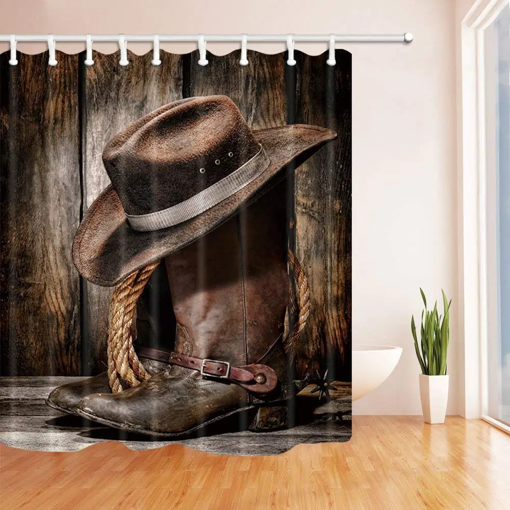 Western Cowboy Decor Boots On The Wooden In Farm Bath Curtain