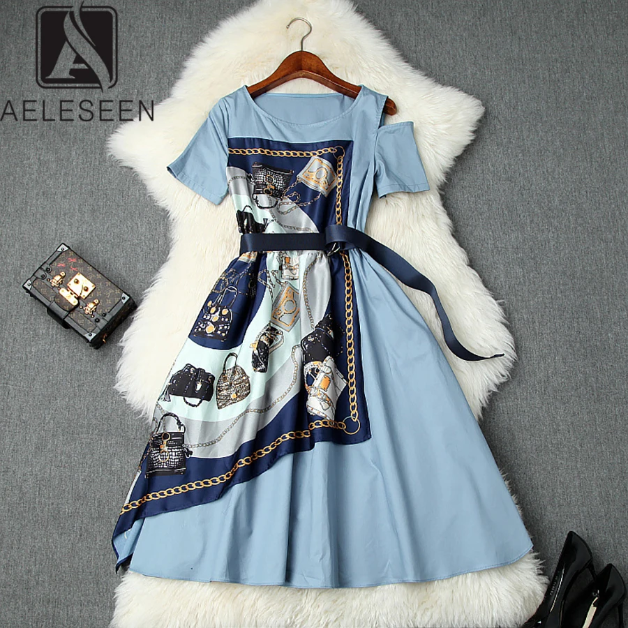 

AELESEEN European Runway Vintage Print Dresses Women 2019 Summer High Street Sashes One Shoulder Uncover New Fashion Midi Dress