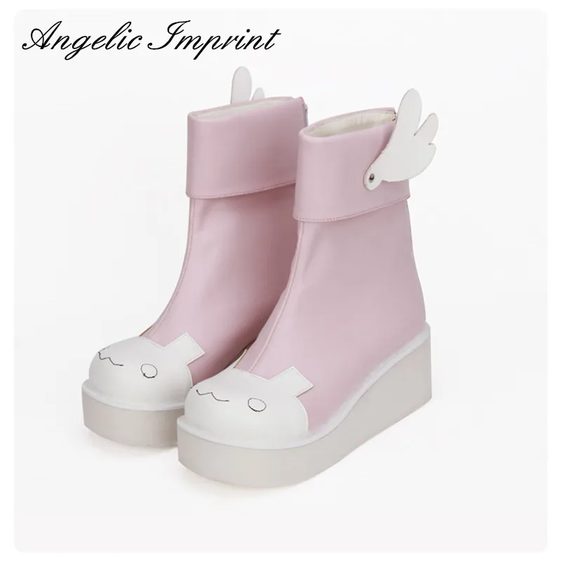 Girls kawaii Animal Pink and White Leather Sweet Lolita Cosplay Wedge Boots with Wings