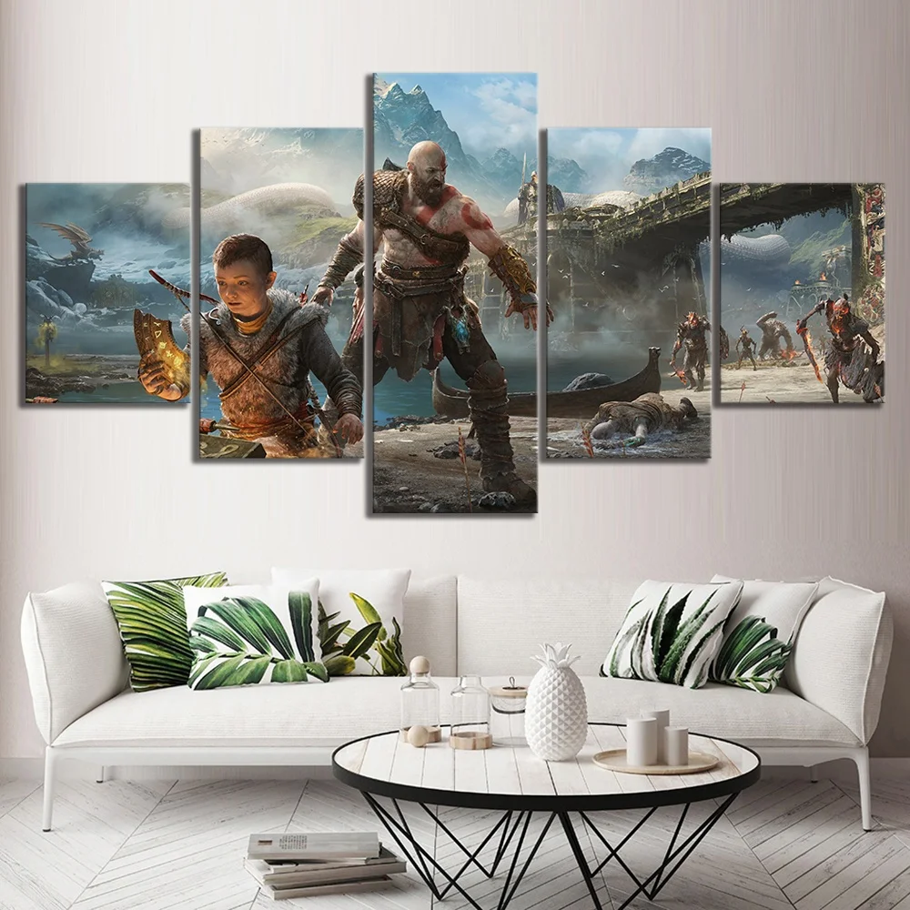 Настенные художественные украшения для дома 5 шт. God Of War Kratos Game Painting HD Печатный современный плакат холст Куадрос Модульная картина для подарка