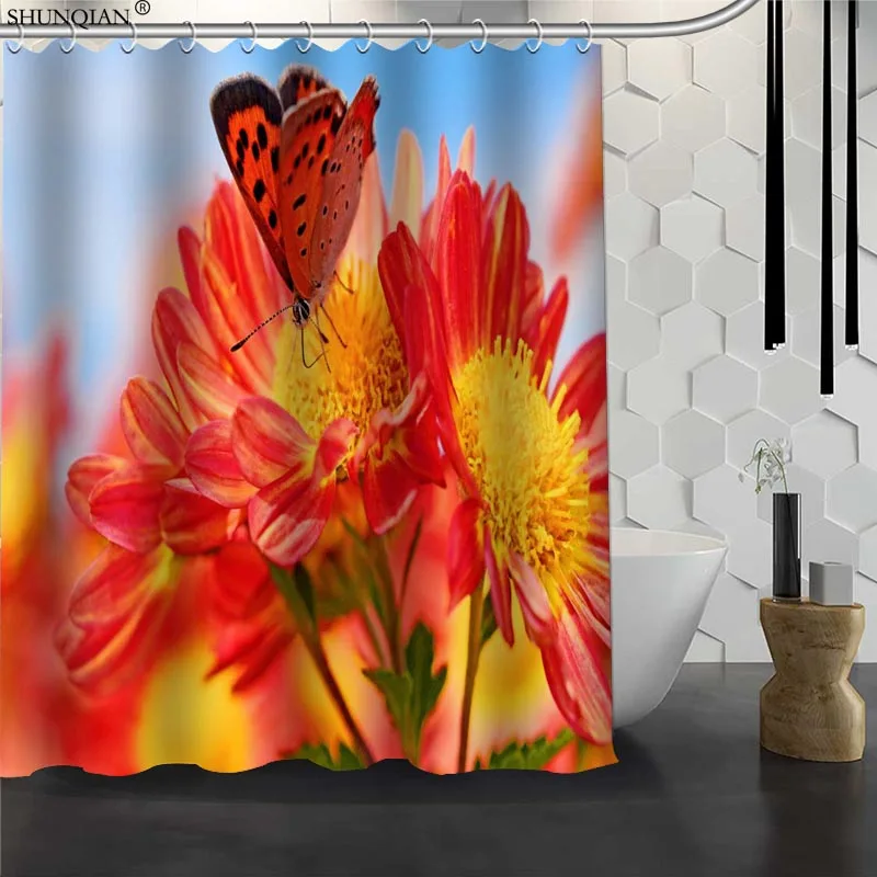 

New Chrysanthemum Custom Shower Curtain Waterproof Fabric Bath Curtain 180X200cm165X180cm Polyester Fabric Bathroom Curtain