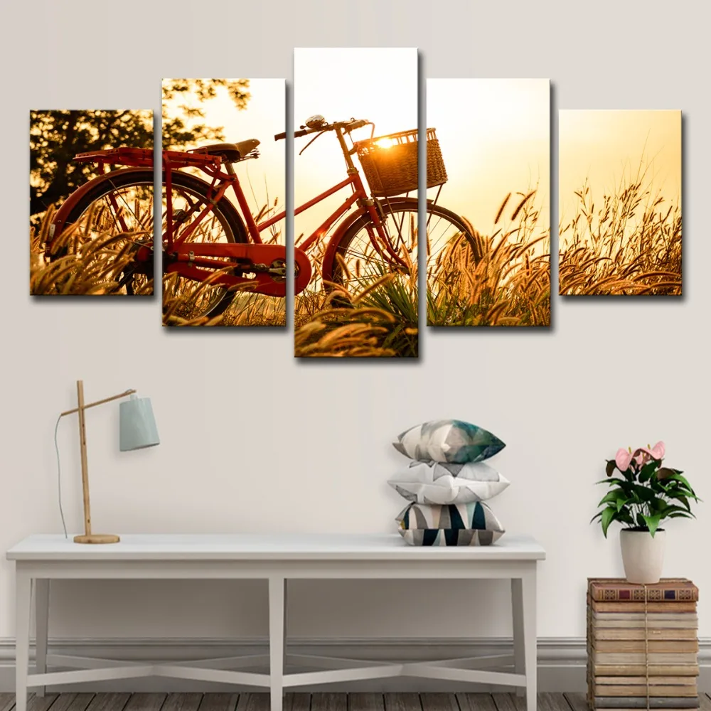5P0111 Wall Art Canvas HD Prints Painting Home Decor 5 Pieces Sunrise Bicycle Dandelion Pictures Wheat Field Landscape Poster Framework  (13)