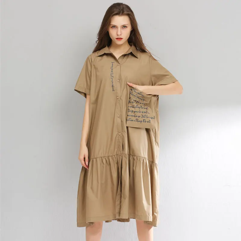 

LANMREM 2019 Summer New Fashion Casual Long Women Loose Plus Stitching Pocket Solid Color Dress TC122
