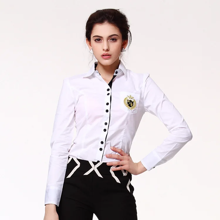 

Spring Summer Long Sleeves Turn-down Collar OL Slim Body Conjoined Shirts Women Pocket Business Attire Office Lady Shirt Blouses