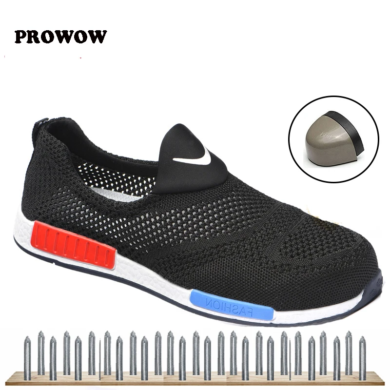

New safety shoes steel toe cap security shoes anti-piercing steel bottom fly woven breathable work boots non-slip rubber sole
