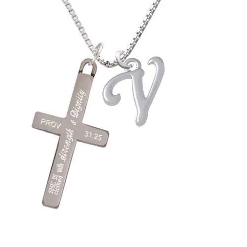 Small Gelato Script Initial - V - - Strength and Dignity - Cross Necklace (1)