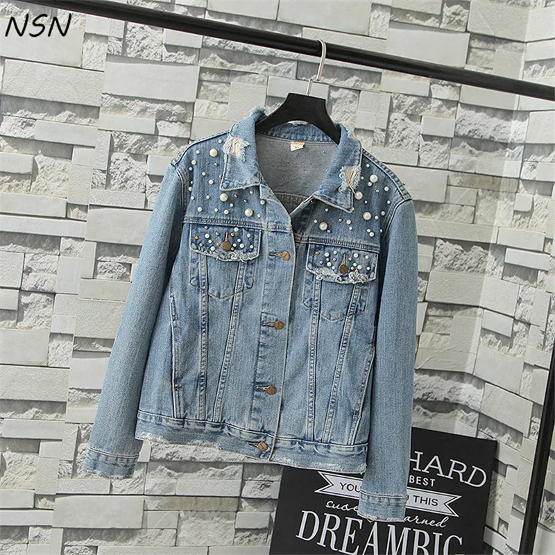 

Pearl Dotted Light Blue Denim Jacket For Women Autumn Winter Long Sleeves Casual Denim Coat Female Denim Jackets Large Size