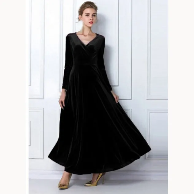 Autumn Winter Vintage Women Long Velvet Dress Elegant V Neck High Waist Maxi Dress A-Line Party Dress Casual PlusSize Ball Gown Autumn Winter Vintage Women Long Velvet Dress Elegant V Neck High Waist Maxi Dress A-Line Party Dress Casual PlusSize Ball Gown