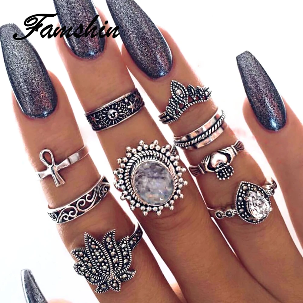 

FAMSHIN 9 Pcs/set Bohemia Punk Ethnic Crown Stars Cross Crystal Ring Set Boho Female Charms Jewelry Knuckle Rings