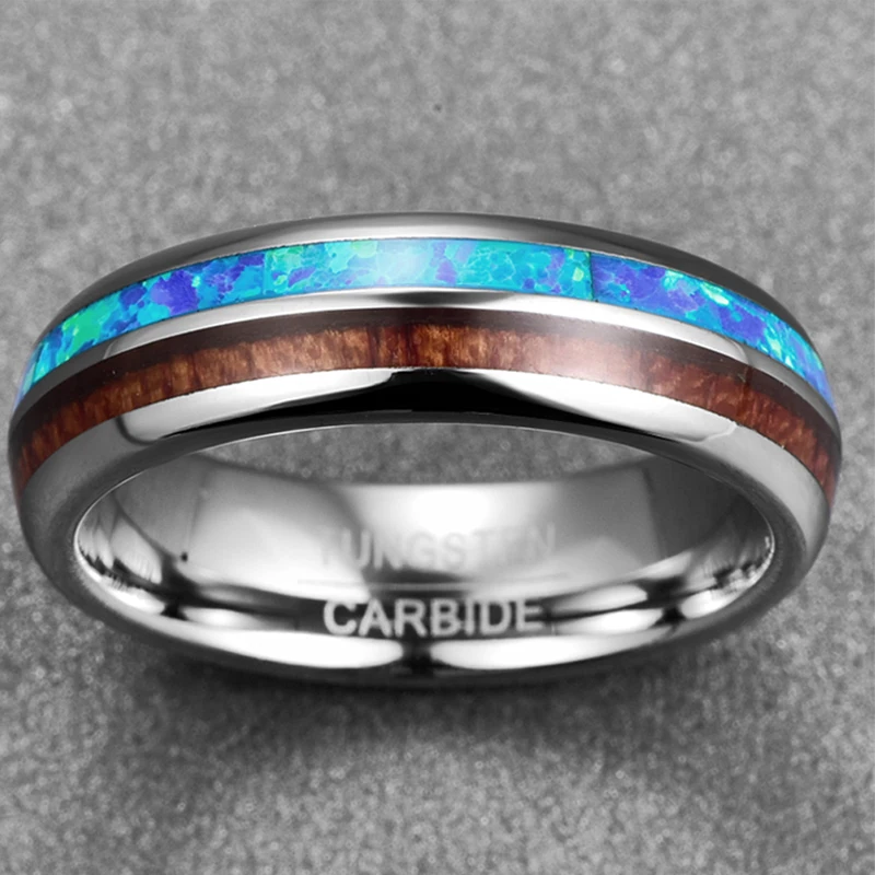 Baratos Nuncad nueva llegada 6MM anillo de carburo de tungsteno de madera para hombre Tamaño 7 12 anillo de Acacia de ópalo natural pulido regalo de joyería de compromiso para mujer