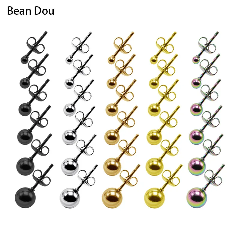 1Pair Fashion Ball Ear Studs Earrings Brincos Pendientes Stainless Steel 18G Silver Black Rose Gold Rainbow Anti-allergic Punk