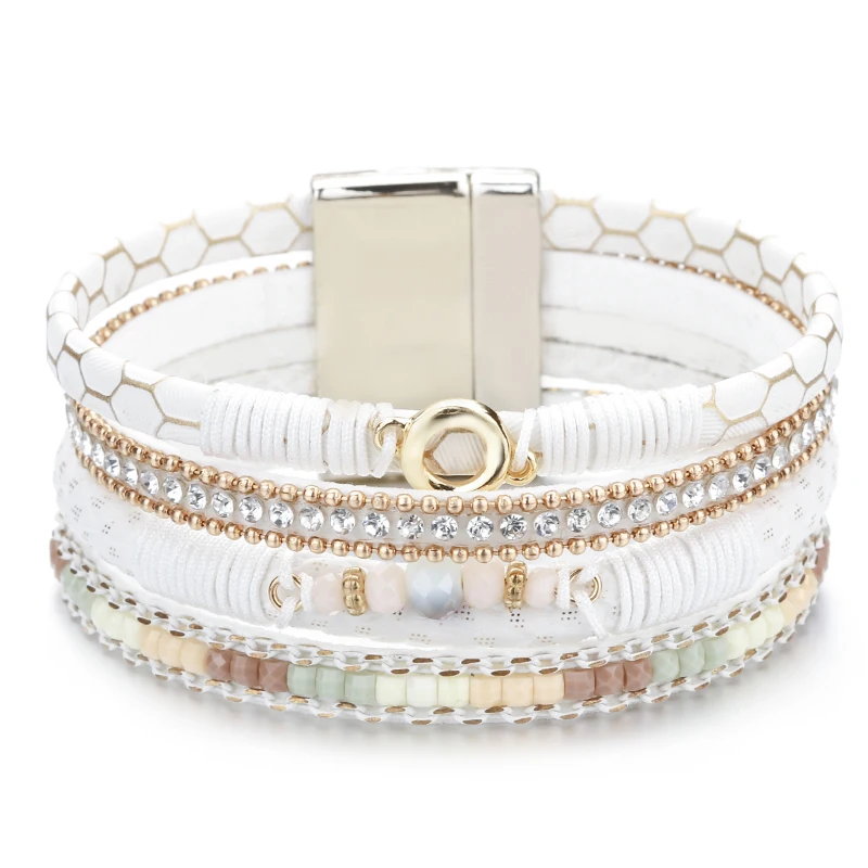 Amorcome White Leather Bracelets for Women Rhinestone Crystal Metal Charm Wide Multilayer Wrap Bracelets & Bangles Jewelry