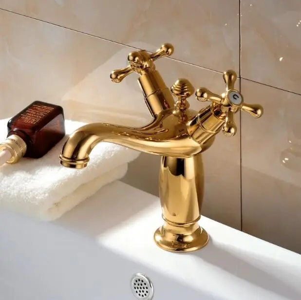 

fashion brass gold finish bathroom hot and cold basin faucet sink faucet with cross handle