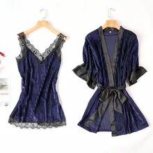 Новые пикантные кружевная бейка кимоно халат осень для женщин бархат комплект толстые теплые ночная рубашка повседневное домашняя одежда