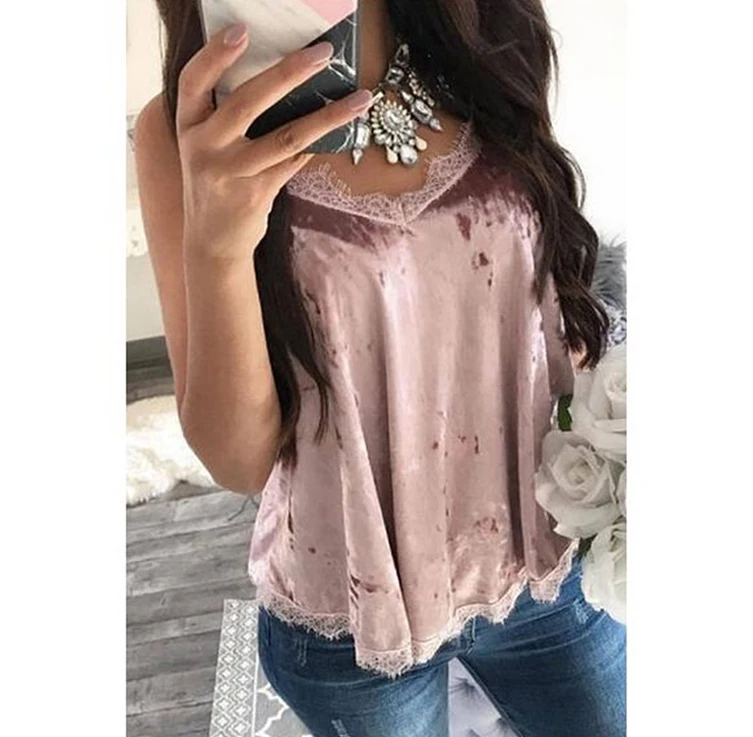 Summer Cami Women Sexy Sleeveless V Neck Solid Color Velvet Camis Tops Lace Patchwork Slim Club Party Camisole Big Size 3XL | Женская