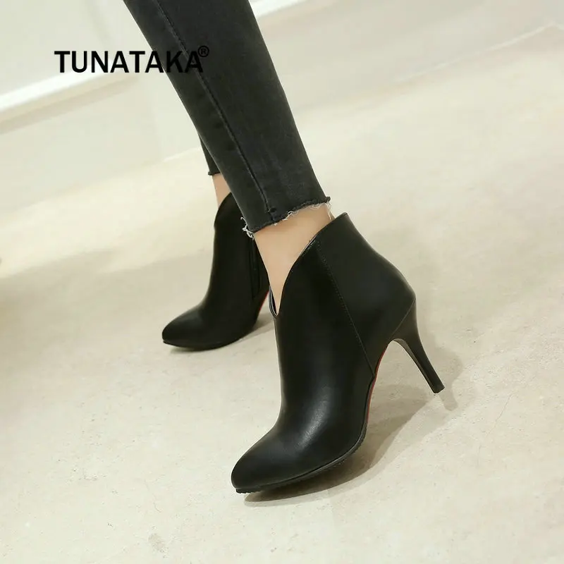 

Women Thin High Heel Ankle Boots Side Zipper Pointed Toe Winter Fashion Woman Shoes Red Gray Black