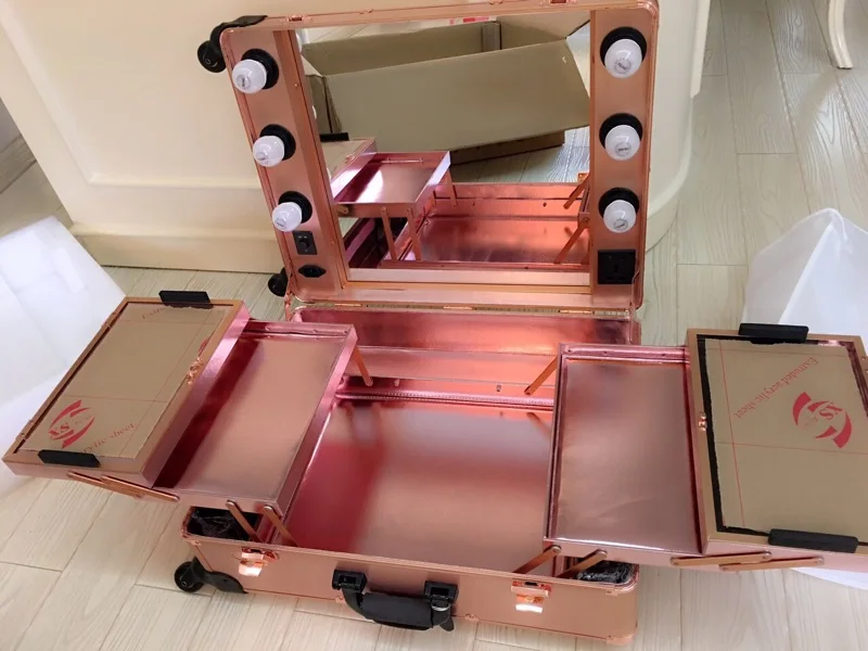 Rose Golden LED White Lights Studio Wheeled Professional Beauty Box Trolley Makeup Case Organizer with Light