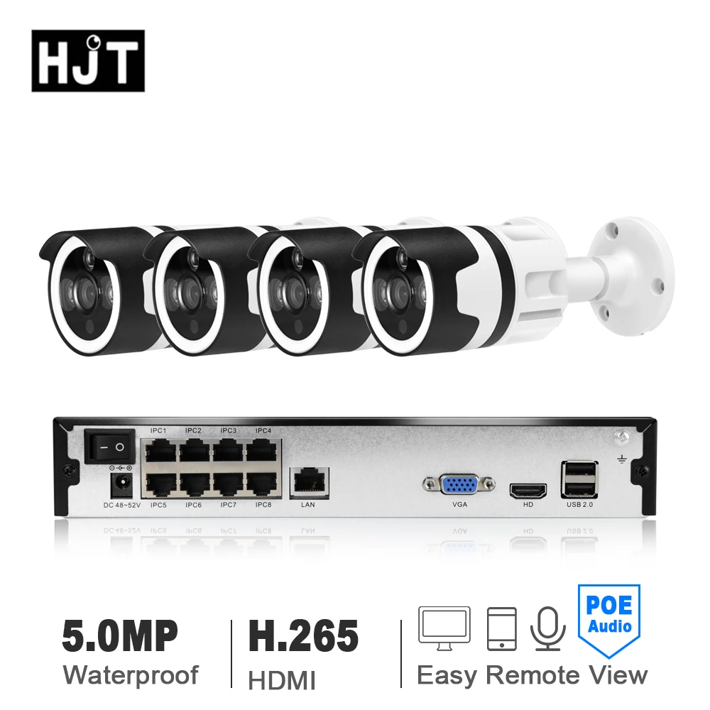 

HJT 4CH POE Audio White 5.0MP HD IP Network Camera P2P H.265 cctv Monitor Security Waterproof Infrared Night Vision 20M Line