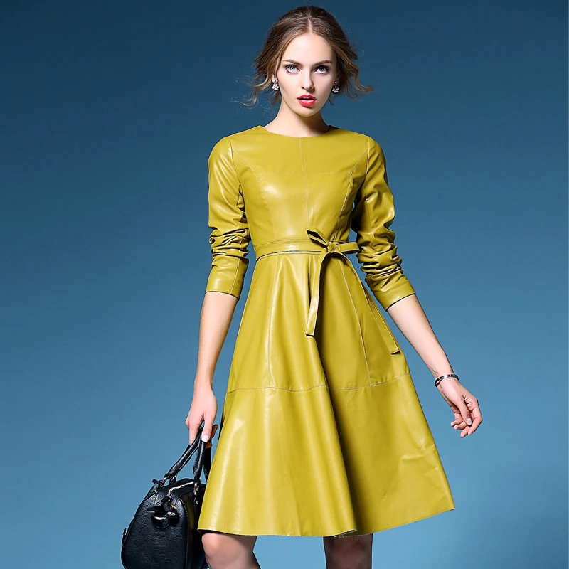 

Plus Size 3XL Autumn Winter Women PU Leather Runway A Line Dresses Female Long Sleeve Empire Waist Sashes O Neck Dress W50