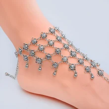 New Fashion Charming Vintage Antique Silver Plated Carving Bell Pendnats Mesh Anklets Foot Chain Barefoot Jewelry for Women Girl