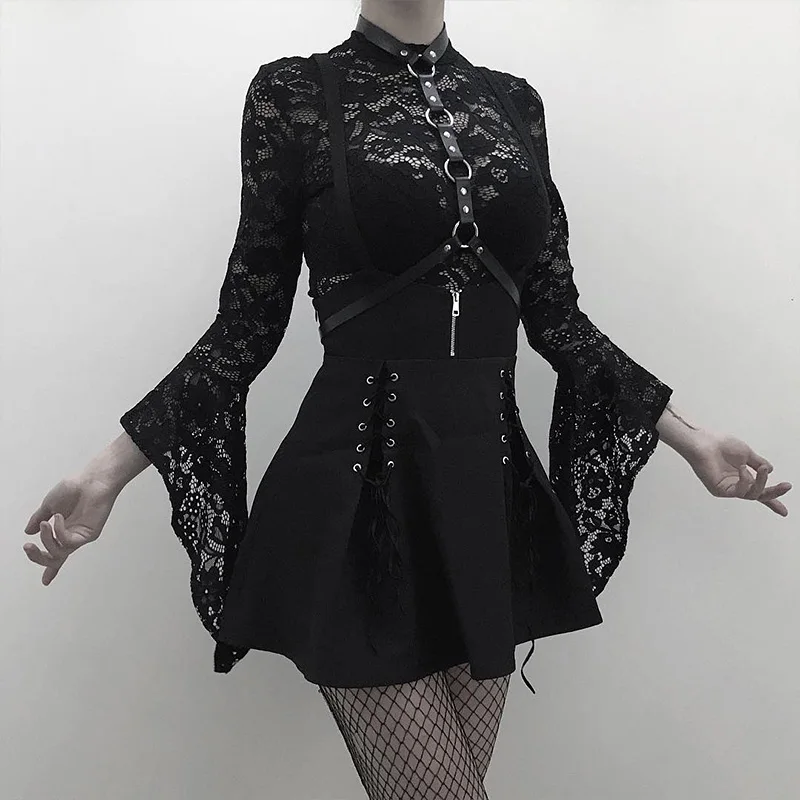 Women 2 Piece Set Gothic Black Sexy Lace Body Bodysuit Pleated Skirts Two Piece Sets Lace Up See Through Clubwear Girl Sets Women 2 Piece Set Gothic Black Sexy Lace Body Bodysuit Pleated Skirts Two Piece Sets Lace Up See Through Clubwear Girl Sets