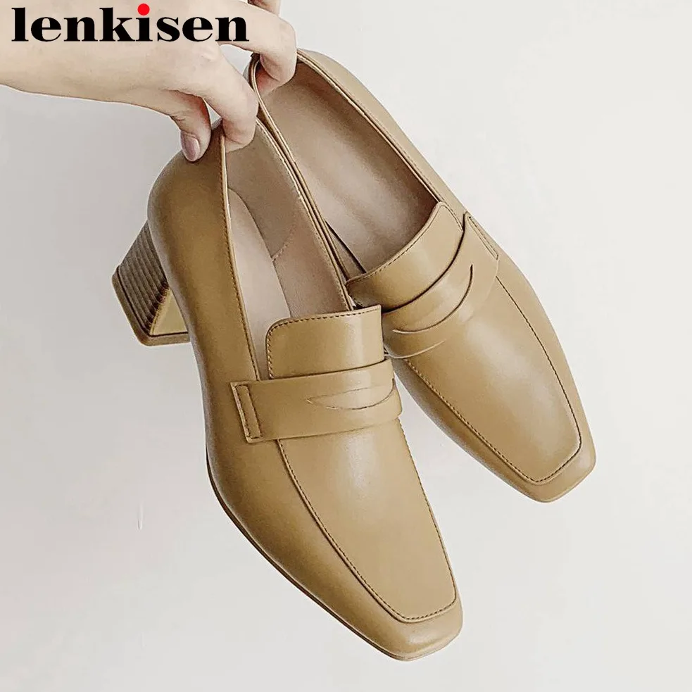 

Lenkisen concise brand chunky heels slip on full grain leather square toe vintage original design solid leisure women pumps L33