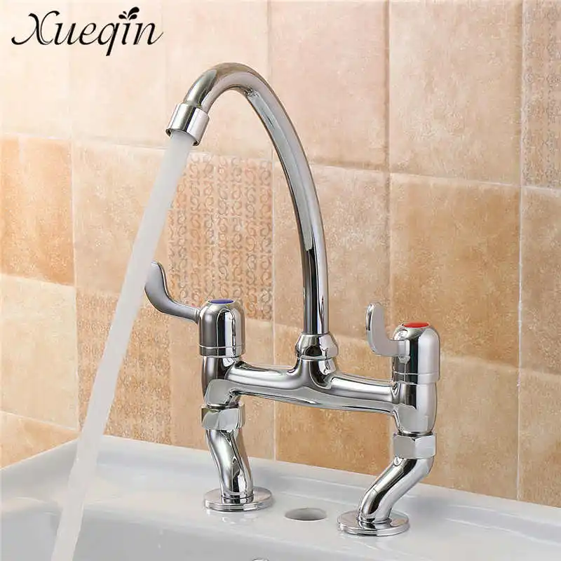 

Xueqin 360Rotation Bathroom Double Handles Kitchen Basin Faucet Gooseneck Design Sink Faucet Deck Mounted Cold And Hot G1/2''