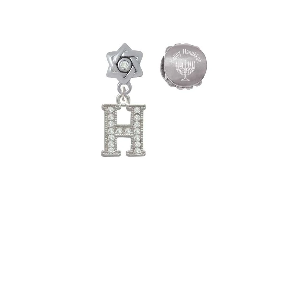 Silvertone Crystal Initial - H - Happy Hanukkah Charm Beads (Set of 2)