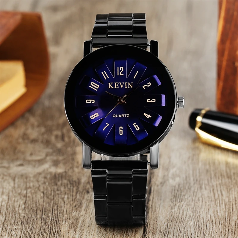 Черные стальные часы для мужчин Кевин бренд повседневное Япония кварцевые часы для мужчин и женщин Кристалл Фиолетовый Красный часы мужские женские наручные часы