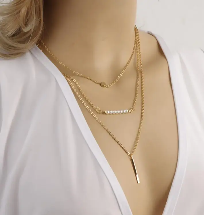 

OL trendy fashion simulated pearls brief bar layered necklaces for women Korean jewelry gifts gold color wj045