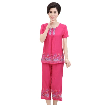 

Casual short-sleeved cotton linen suit women 2018 summer middle-aged short t-shirt tops+pants suit women sporting tow piece sets