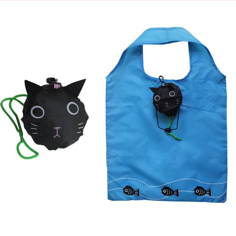 Reusable Shopping Bags Foldable Eco Bag Black Cat Tote Bag Large Capacity Portable Storage Handbags Recycle Pouch