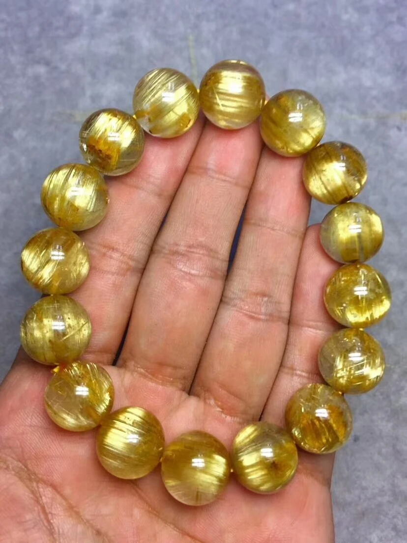 Genuine Brazil Natural Gold Rutilated Titanium Quartz Bracelet For Women Men Crystal Stretch 14mm Round Bead Certificate AAAAA (5)